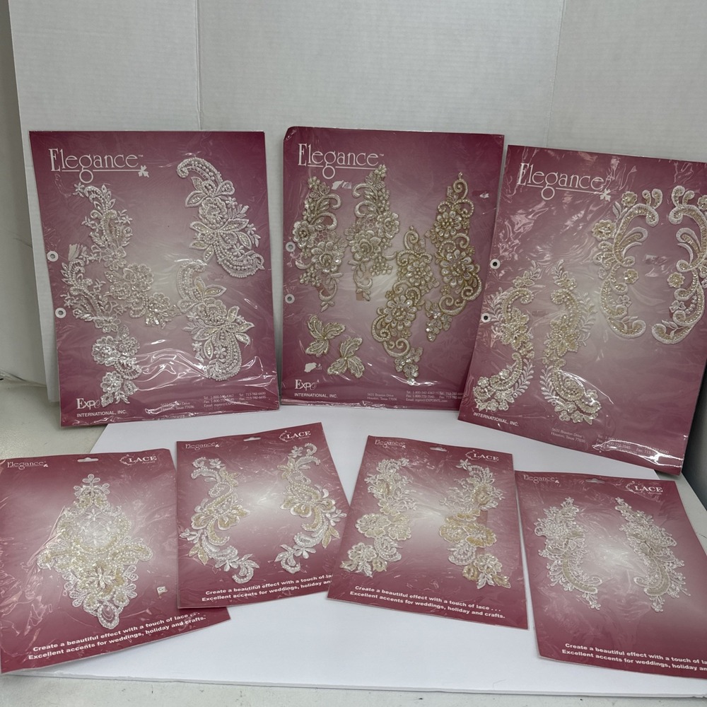 7 Packs Elegance Lace Accent Applique Sew On Embellishments Lot NOS Pearl Bridal